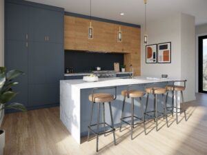 Modern kitchen with a stylish island, showcasing contemporary design elements and sleek finishes.
