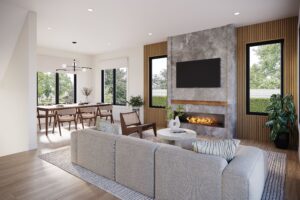 Sleek, modern fireplace in a contemporary home, featuring clean lines and minimalist design